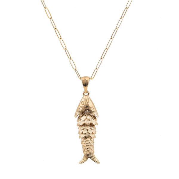 Charming 14K gold-filled fish necklace featuring a detailed articulated fish pendant, handmade by oana savu
