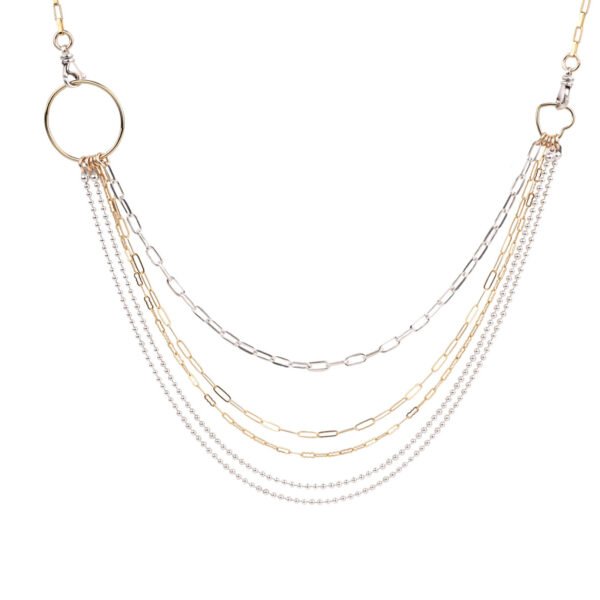 Beautiful multilayered necklace featuring a unique handmade design with gold and silver accent handmade by oana savu