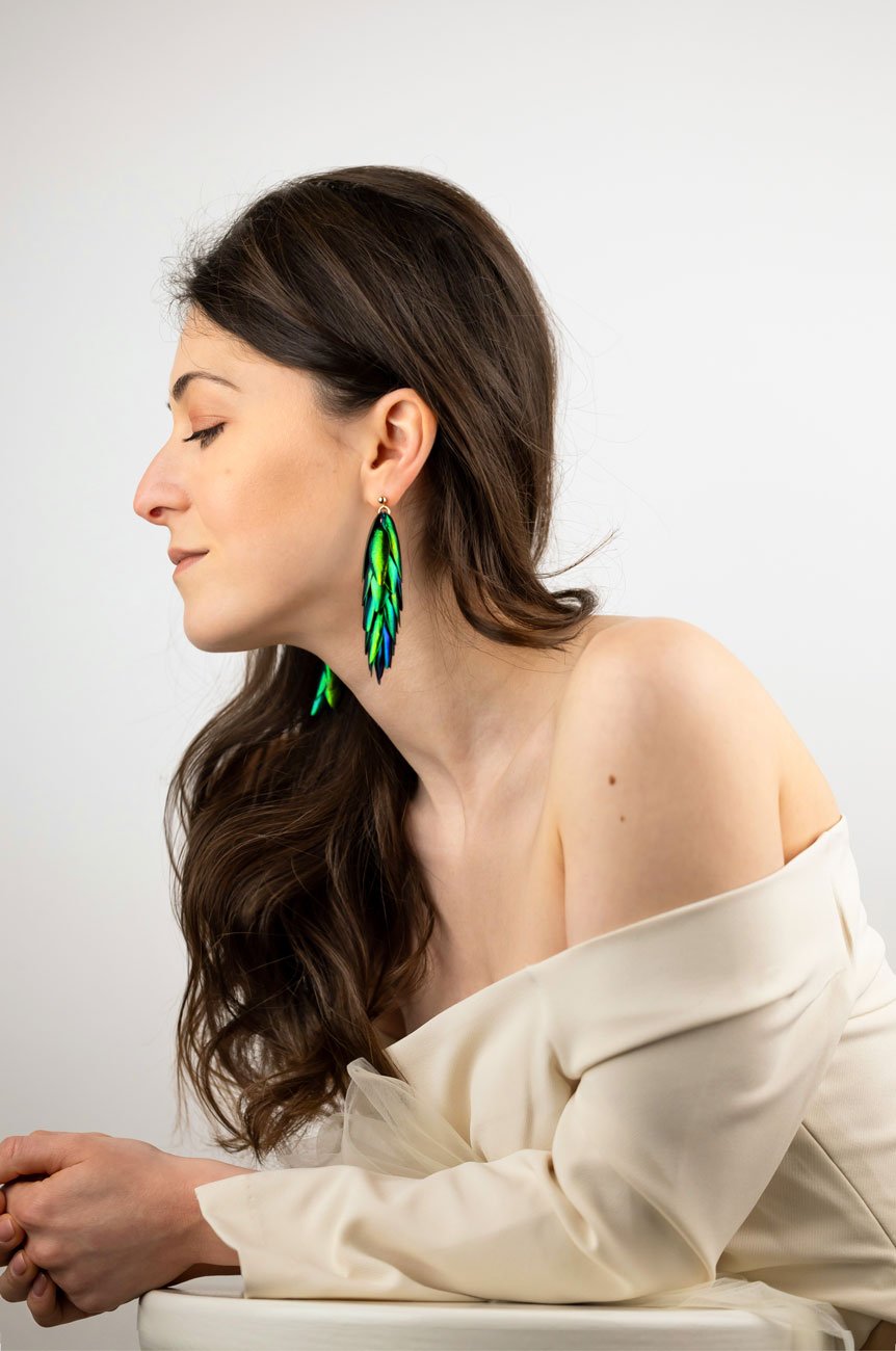 Beetle Earrings Ball Studs - Long Oana Savu Earrings with beetle wings and 14k goldfilled
