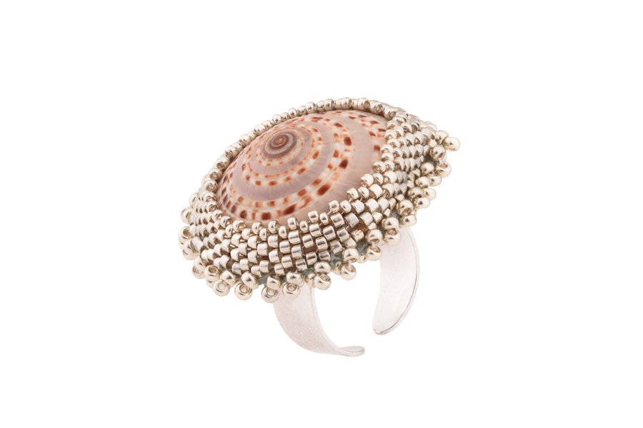 La Mer Ring - Silver Oana Savu real shell ring with glass beads on 925 silver band, handmade beach jewelry for women, ocean-inspired statement ring, tropical gift idea for her, elegant jewelry ring set handmade design by oana savu