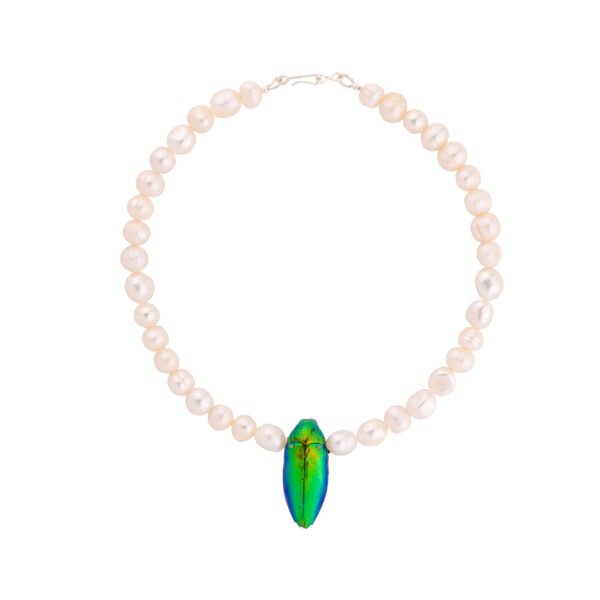 Shop Oana Savu special beetle necklace with natural pearls and 14k gold, amazing jewelry design inspired from Jan Fabre art