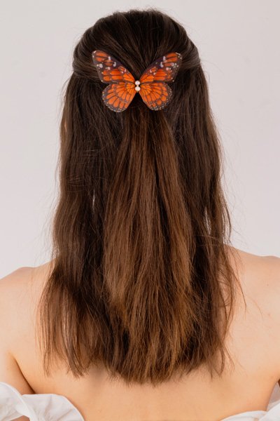 Butterfly Hair Clip - Monarch Oana Savu Monarch butterfly hair clip, featuring a genuine french clip barrette and a big silk butterfly, which is designed to look like a real monarch butterfly.