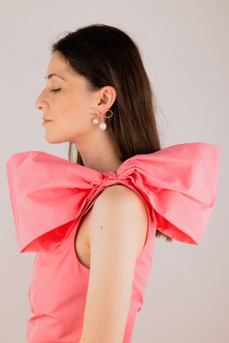 Bow shaped earrings, featuring 2 big irregular freshwater pearls and 14K Rose Gold-Filled wire