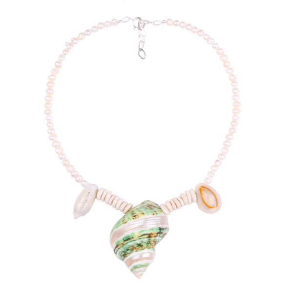 Sea shells necklace. This handmade one of a kind necklace has an unique big shell as a center piece, freshwater pearls, 2 special and rare shells and tiny sand dollars which I handpicked from a beach in Knokke Heist Belgium. It has a sterling silver clasp and extension chain. This necklaces collection is perfect for your summer escape.