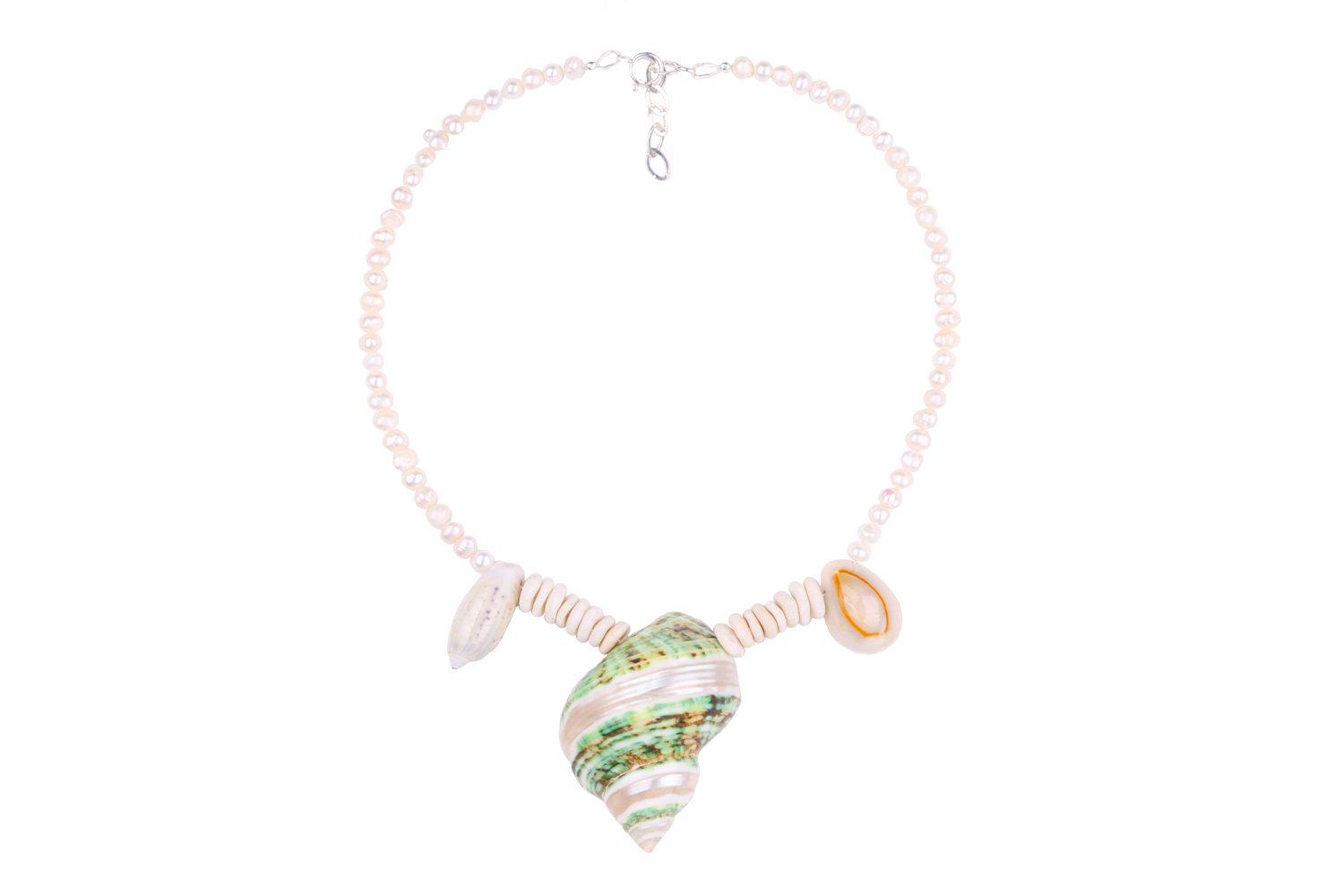 Sea Waves Necklace - Green Oana Savu Sea shells necklace. This handmade one of a kind necklace has an unique big shell as a center piece, freshwater pearls, 2 special and rare shells and tiny sand dollars which I handpicked from a beach in Knokke Heist Belgium. It has a sterling silver clasp and extension chain. This necklaces collection is perfect for your summer escape.