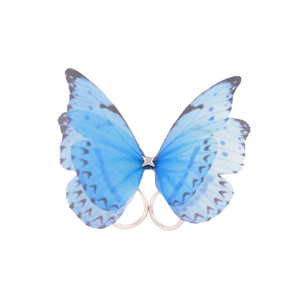 blue butterfly ring on silver, handmade colorful jewellery for women, vibrant fabric statement ring, festival gift for her, oana savu jewelry design