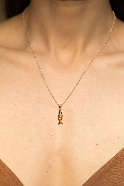 Sea Treasures Necklace - Fish Oana Savu Handmade gold filled necklace with a fish pendant. Yellow Gold chain necklace with a fish pendant. Summer holiday necklace, neck-wear.