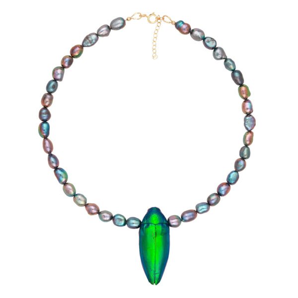 Shop Oana Savu rare pearl necklace with natural beetle pendant, handcrafted by oana savu