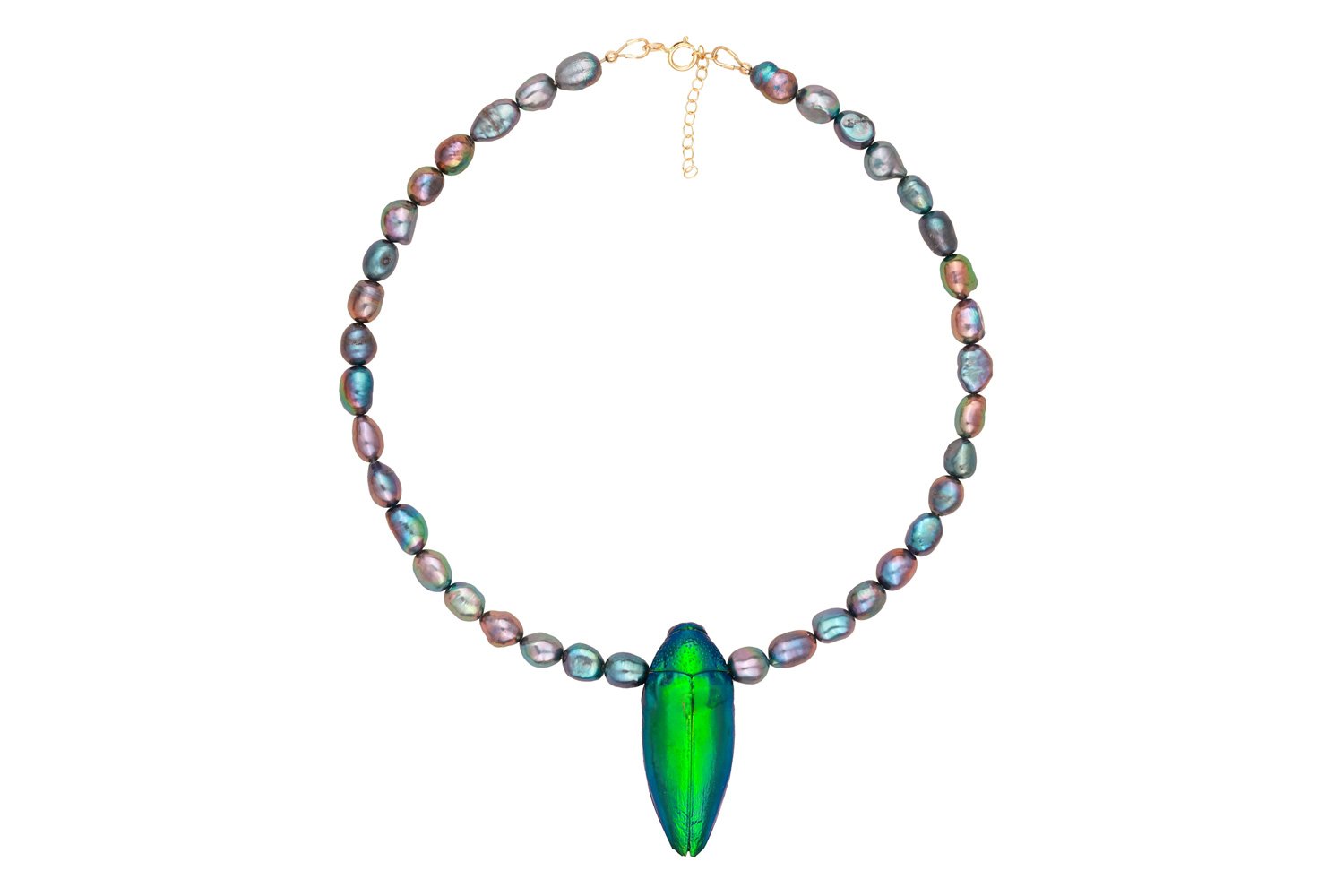 Twilight Beetle Oana Savu rare pearl necklace with natural beetle pendant, handcrafted by oana savu