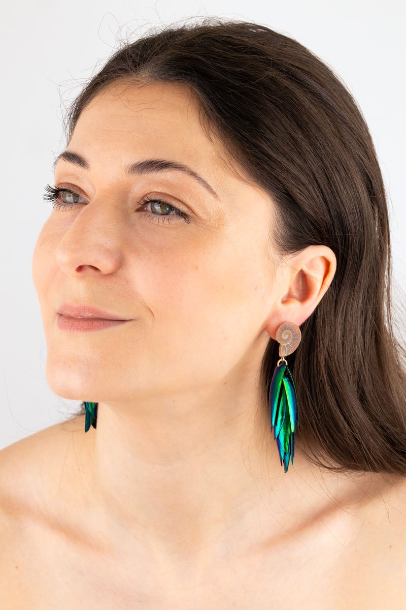 Beetle Earrings Ammonite - Small Oana Savu Delicate fossil earrings featuring tiny ammonite shells with earthy tones and beetle, scarab wings