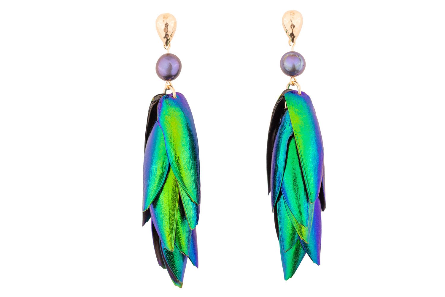 Beetle Earrings Drop Ear Studs- Peacock Pearls Oana Savu Beetle wings earrings with iridescent peacock pearls and gold accents