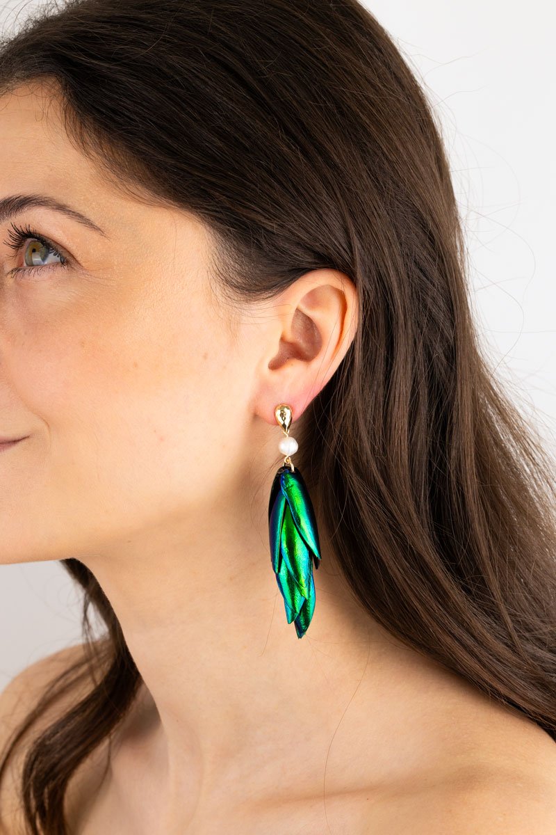 Beetle Earrings Drop Ear Studs - White Pearls Oana Savu Elegant beetle wings earrings featuring smooth white pearls and intricate goldsmith work