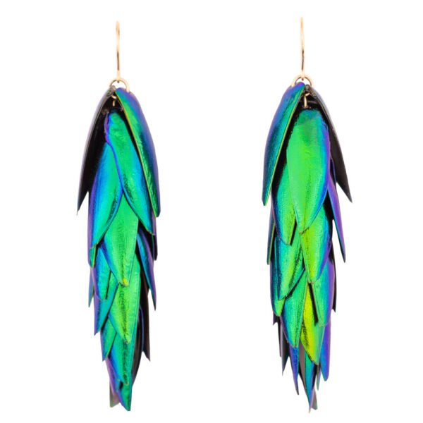 Long statement beetle wings earrings with gold filled hooks