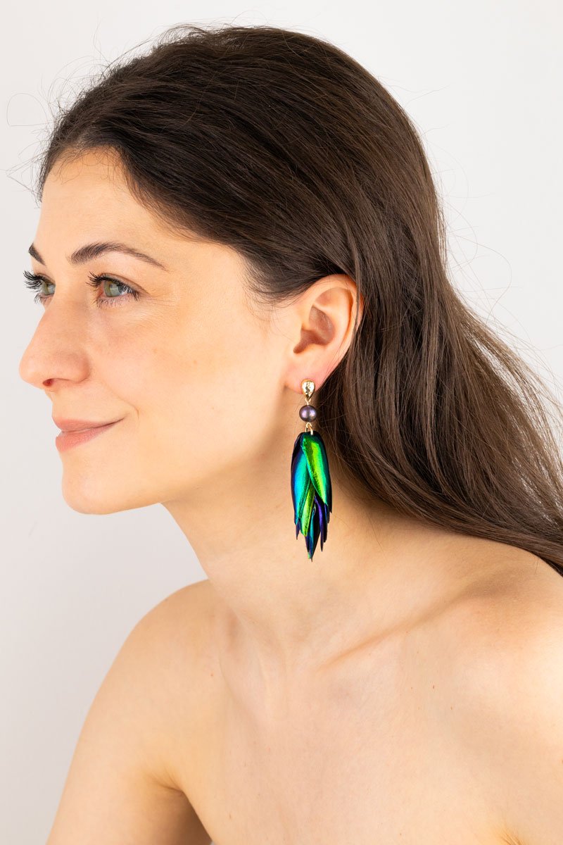 Beetle Earrings Drop Ear Studs- Peacock Pearls Oana Savu Beetle wings earrings with iridescent peacock pearls and gold accents