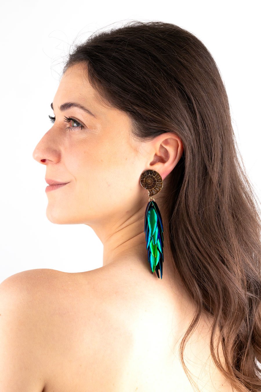 Beetle Earrings Ammonite - Large Oana Savu Large ammonite fossil clip earrings showcasing detailed spiral fossils with warm colors and beetle wings