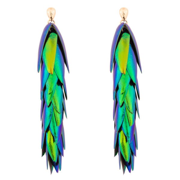 Long statement beetle wings stud earrings in gold filled handcrafted by oana savu
