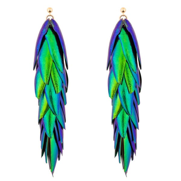 Long statement beetle wings green earrings with gold filled studs