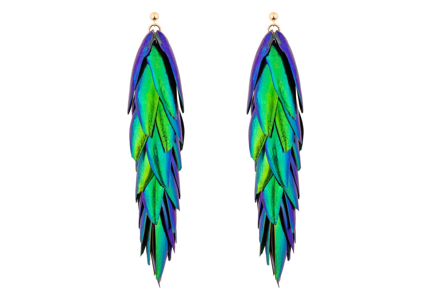 Beetle Earring - Ball Ear Studs Extra Long Oana Savu Long statement beetle wings green earrings with gold filled studs