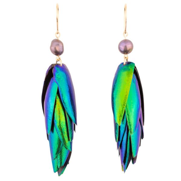 Beetle wings earrings with iridescent peacock rare pearls and gold accents handmade by Oana Savu