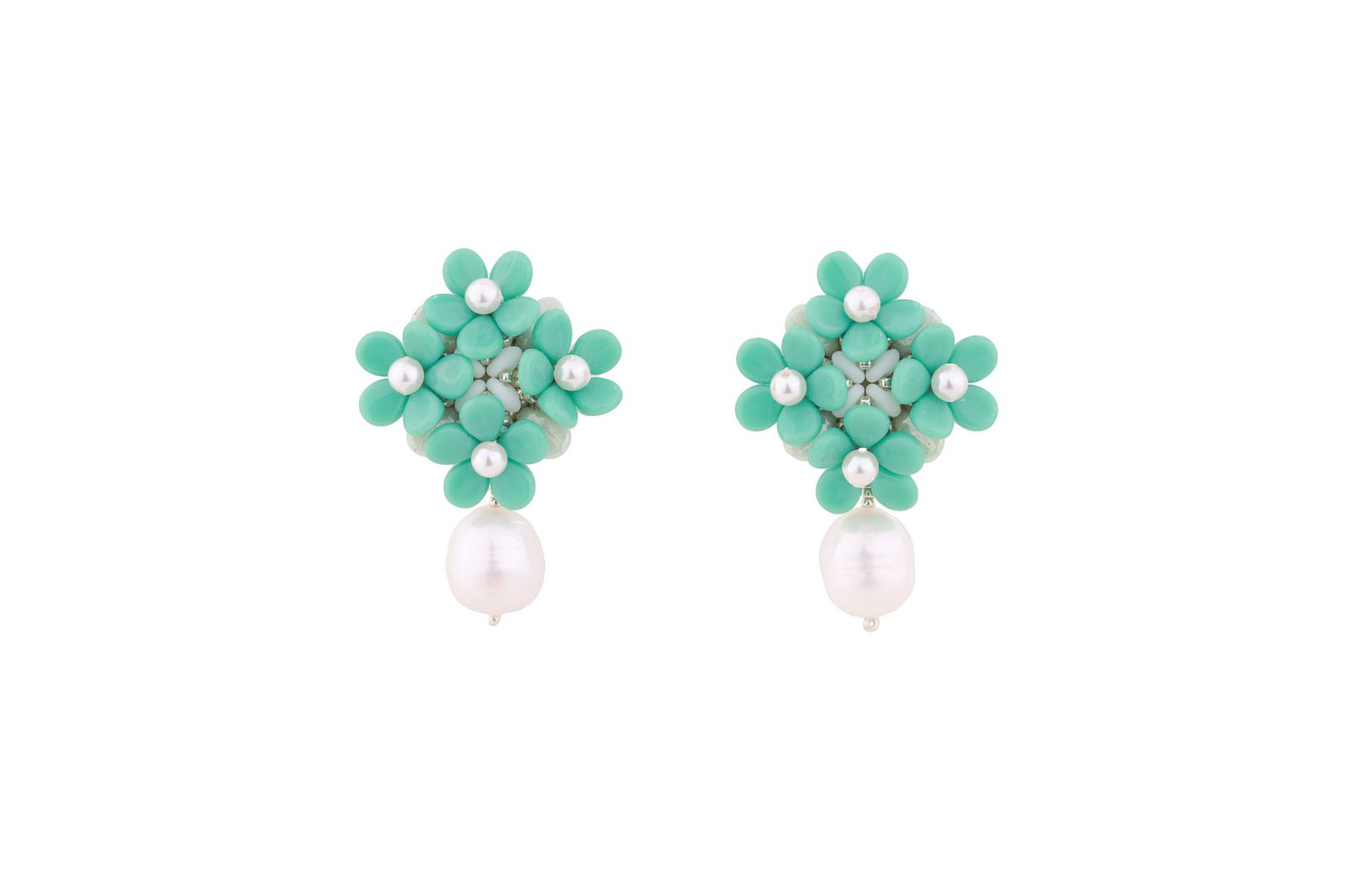 Forever Bloom with Pearls - Turquoise Oana Savu Premium handmade turquoise earrings featuring glass beads and pearls with sterling silver clips, special earrings handmade jewelry by oana savu