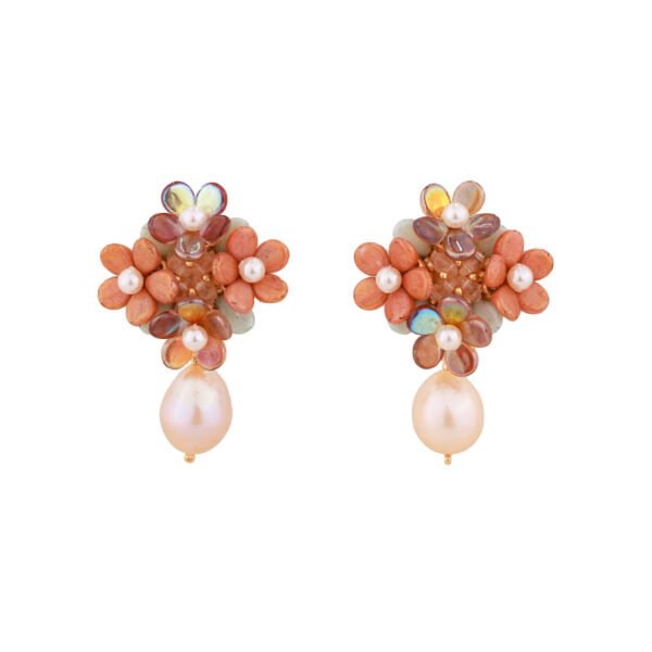 orange earrings with glass beads and natural pearls special handmade jewellery handmade by oana savu ideal jewelry for wedding summer party or any special occasion
