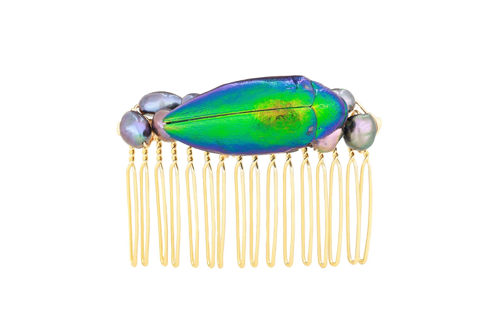 Beetle Hair Comb Oana Savu handmade hair comb with real beetle and peacock pearls handmade by oana savu, an elegant hair accessory perfect for daily outfits or any special occassions