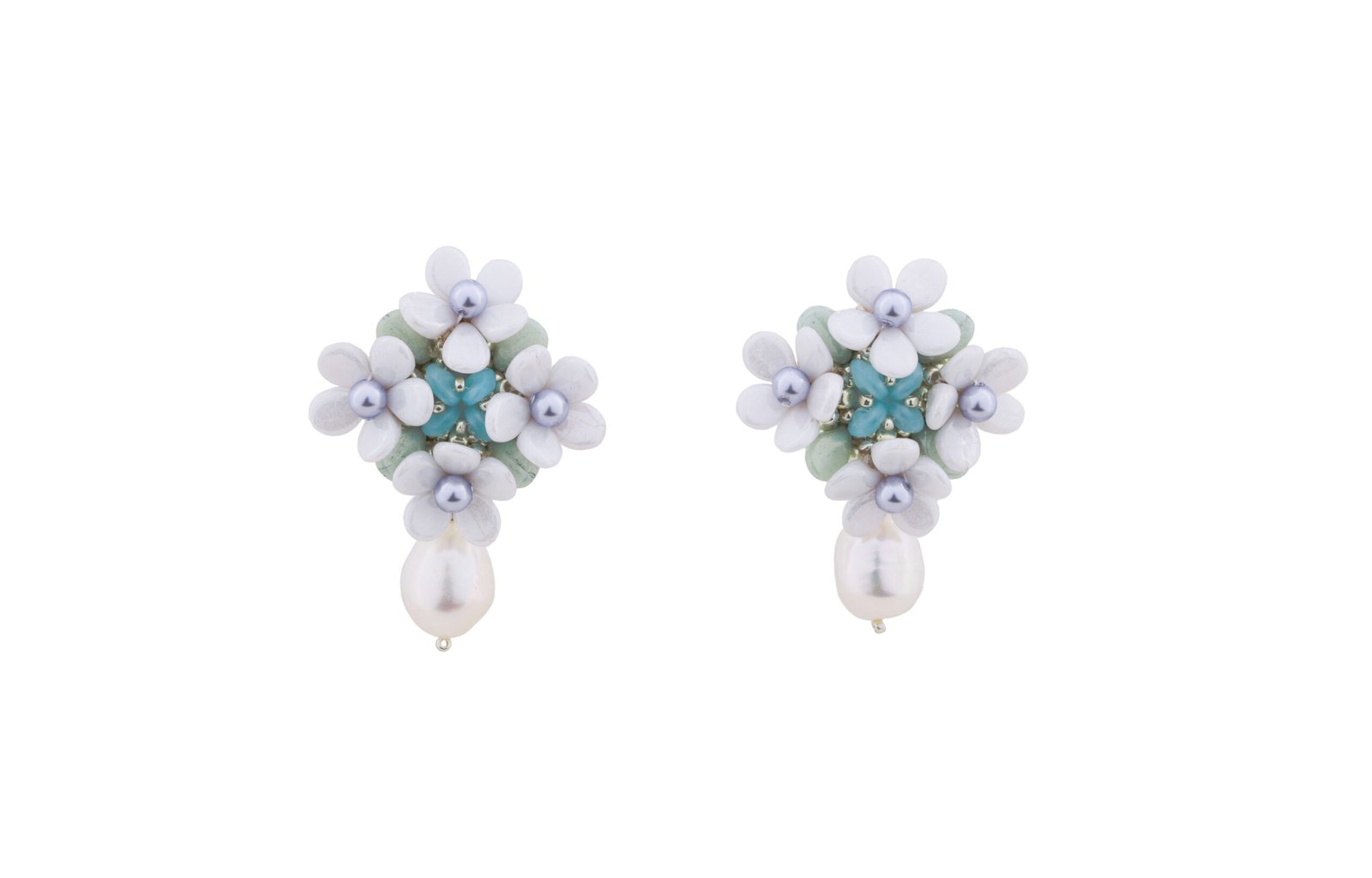 Forever Bloom with Pearls - White & Blue Oana Savu bridal earrings made with glass beads, natural pearls, sterling silver base, perfect jewelry for wedding day, elegant outfits and classy events, premium jewelry gift idea