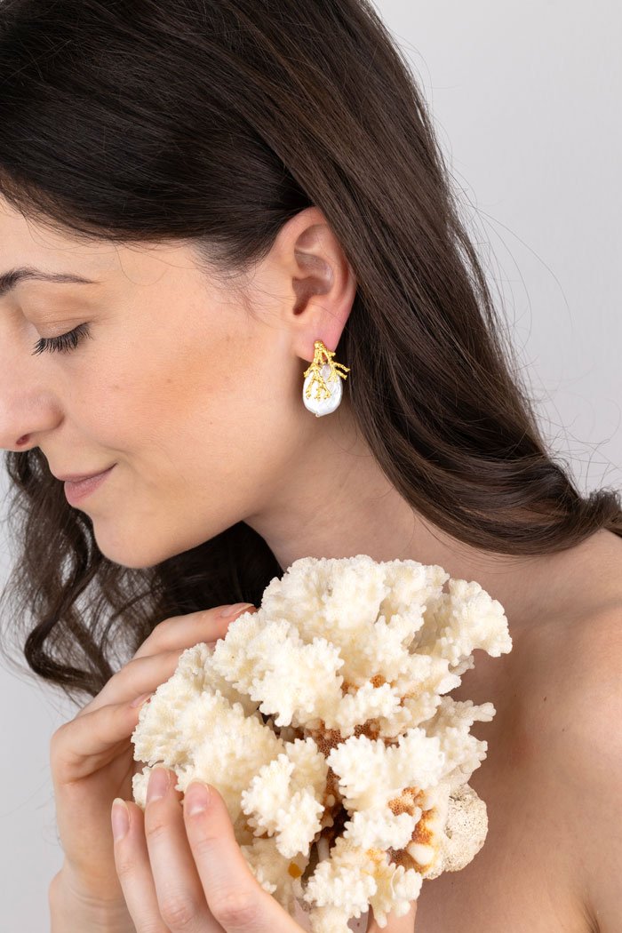 gold coral pearls earrings bride to be jewellery Oana Savu