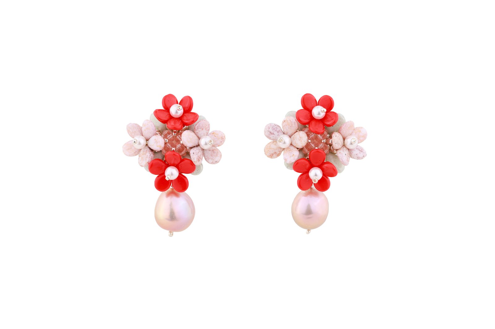 Forever Bloom with Pearls - Red Oana Savu flower earrings made with pink beads and natural pearls on sterling silver setting, a delicate and elegant jewelry perfect for wedding day, elegant outfits, summer outfits and colorful fashion style handmade by Oana Savu