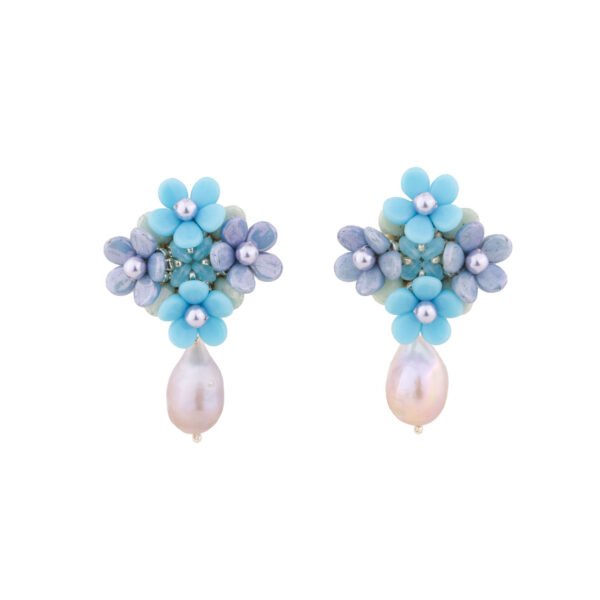 elegant earrings with blue glass beads and natural pearls on sterling silver, perfect jewelry for women colorful and luxurious look earrings handmade by Oana Savu