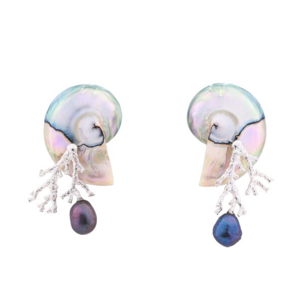 Nautilus earrings featuring nautilus core, silver coral, and peacock pearl, a jewelry that will draw attention on you, unique and special earrings design by oana savu, rare earrings combination perfect gift idea, amazing wedding day jewellery, fashion jewellery