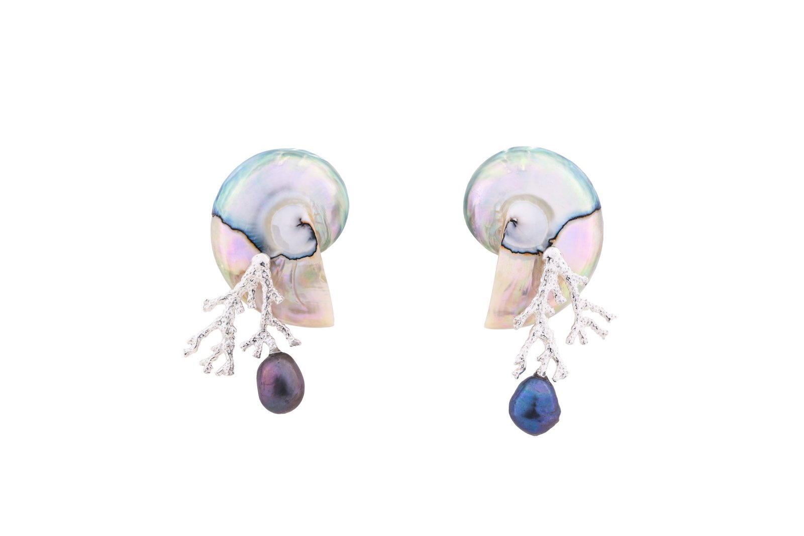 Nautilus & Coral Earrings Oana Savu Nautilus earrings featuring nautilus core, silver coral, and peacock pearl, a jewelry that will draw attention on you, unique and special earrings design by oana savu, rare earrings combination perfect gift idea, amazing wedding day jewellery, fashion jewellery