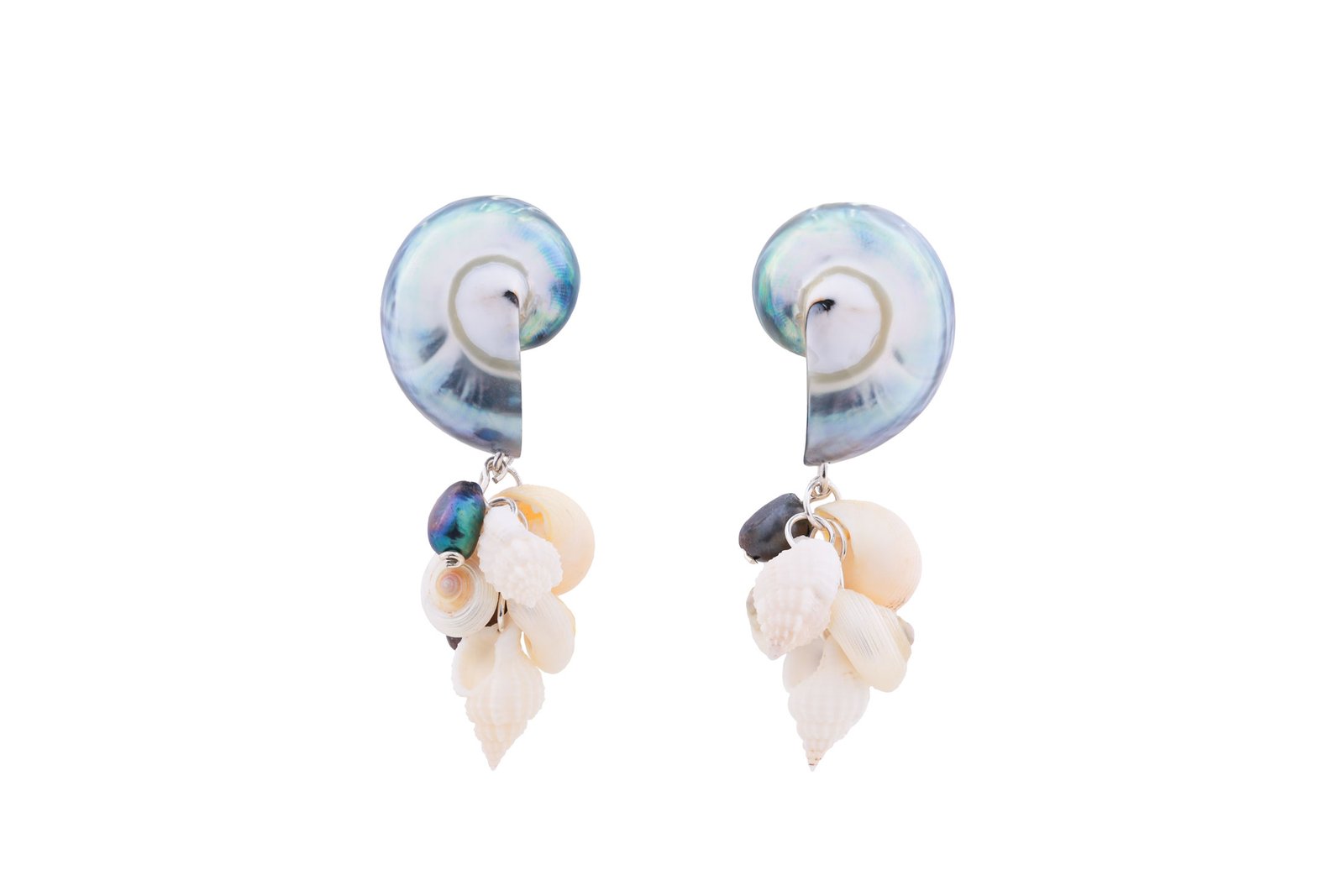 Nautilus Cascade Oana Savu Special nautilus earrings with nautilus core, shells and peacock pearl, rare jewelry that combines ocean-inspired beauty with elegant earrings design handmade by oana savu