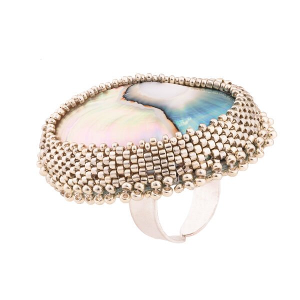 Nautilus shell ring with glass beads on 925 silver band, handmade ocean jewelry for women, nature-inspired statement ring, unique beach gift idea handmade by oana savu