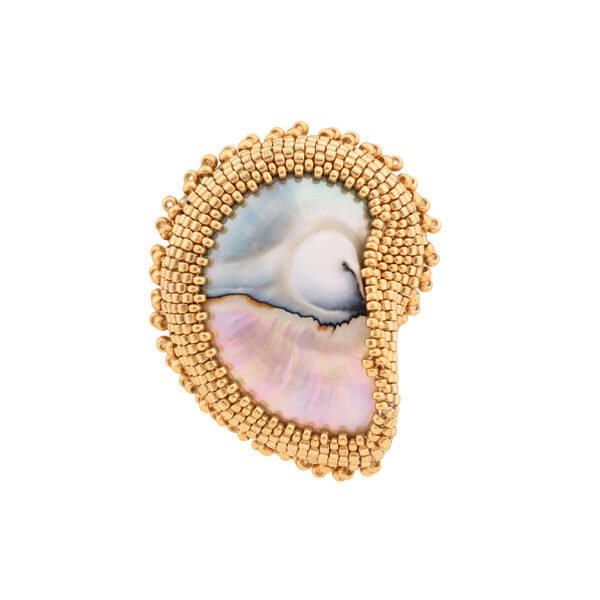 Striking nautilus shell brooch featuring genuine core nautilus centerpiece, hand-set glass beads, and 925 silver base—ocean-inspired handmade jewelry. Perfect for elegant outfits, summer party jewelry, perfect festival jewelry by Oana Savu