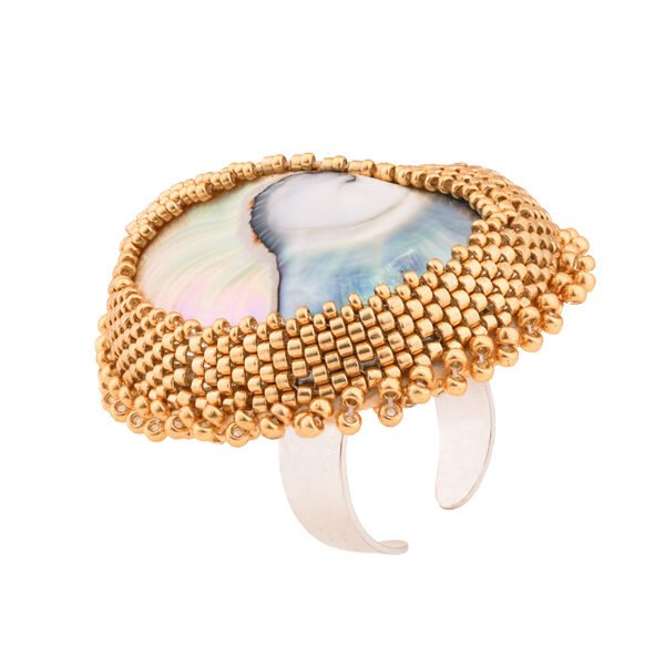 nautilus ring using real nautilus shell, golden glass beads and sterling silver ring base set, truly a special and delicate jewelry to match for everyday outfits or elegant party dresscode, handmade unique ring by oana savu