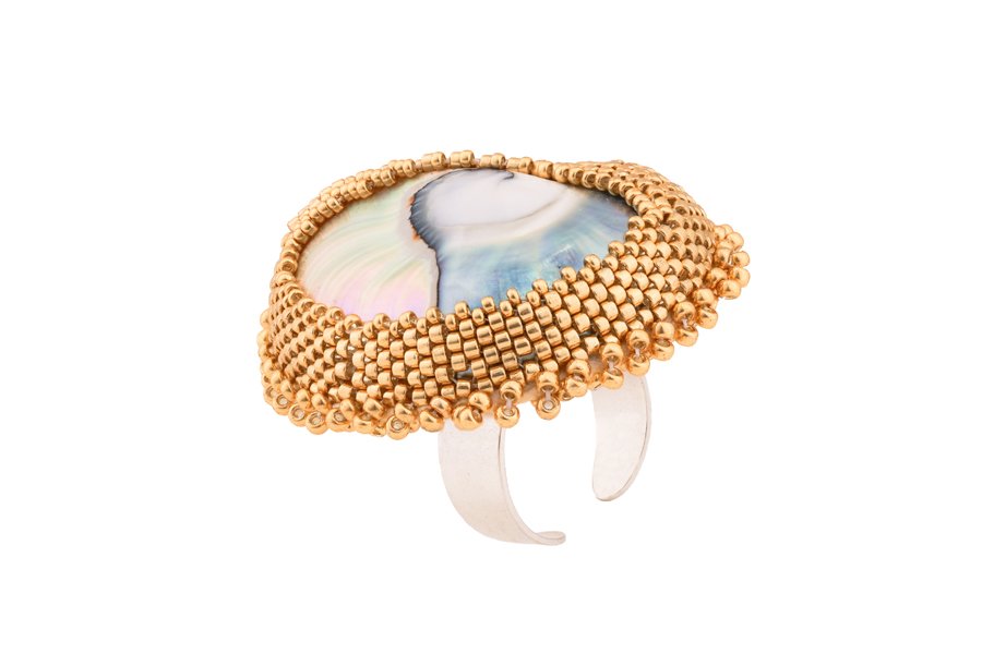 Nautilus Ring - Gold Oana Savu nautilus ring using real nautilus shell, golden glass beads and sterling silver ring base set, truly a special and delicate jewelry to match for everyday outfits or elegant party dresscode, handmade unique ring by oana savu