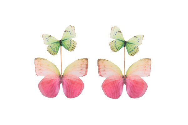 handcrafted earrings with extra green butterfly, multicolour handmade jewellery for women, vibrant statement cluster earrings, nature-inspired gift idea by Oana Savu